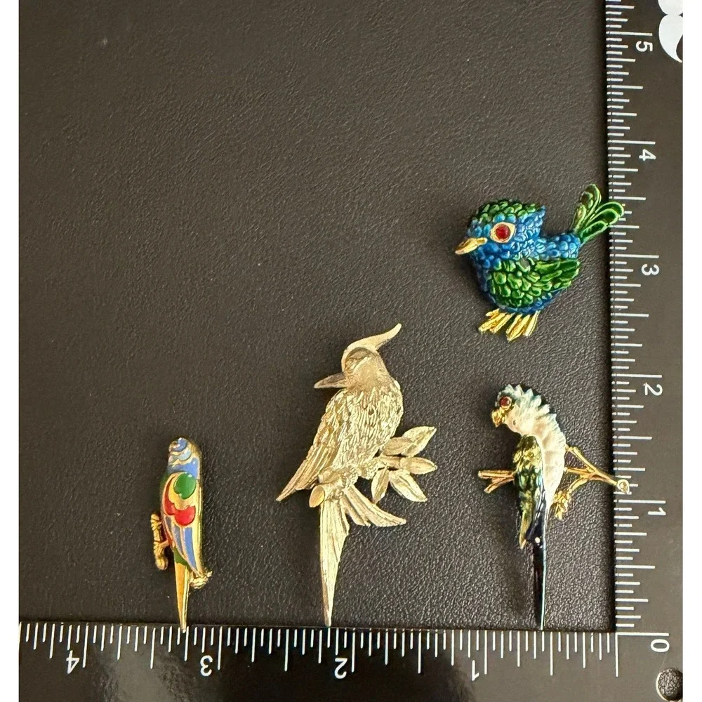 Vintage Bird Brooch Lot Enamel Parrot Cockatoo Gold Silver Tone 4pc